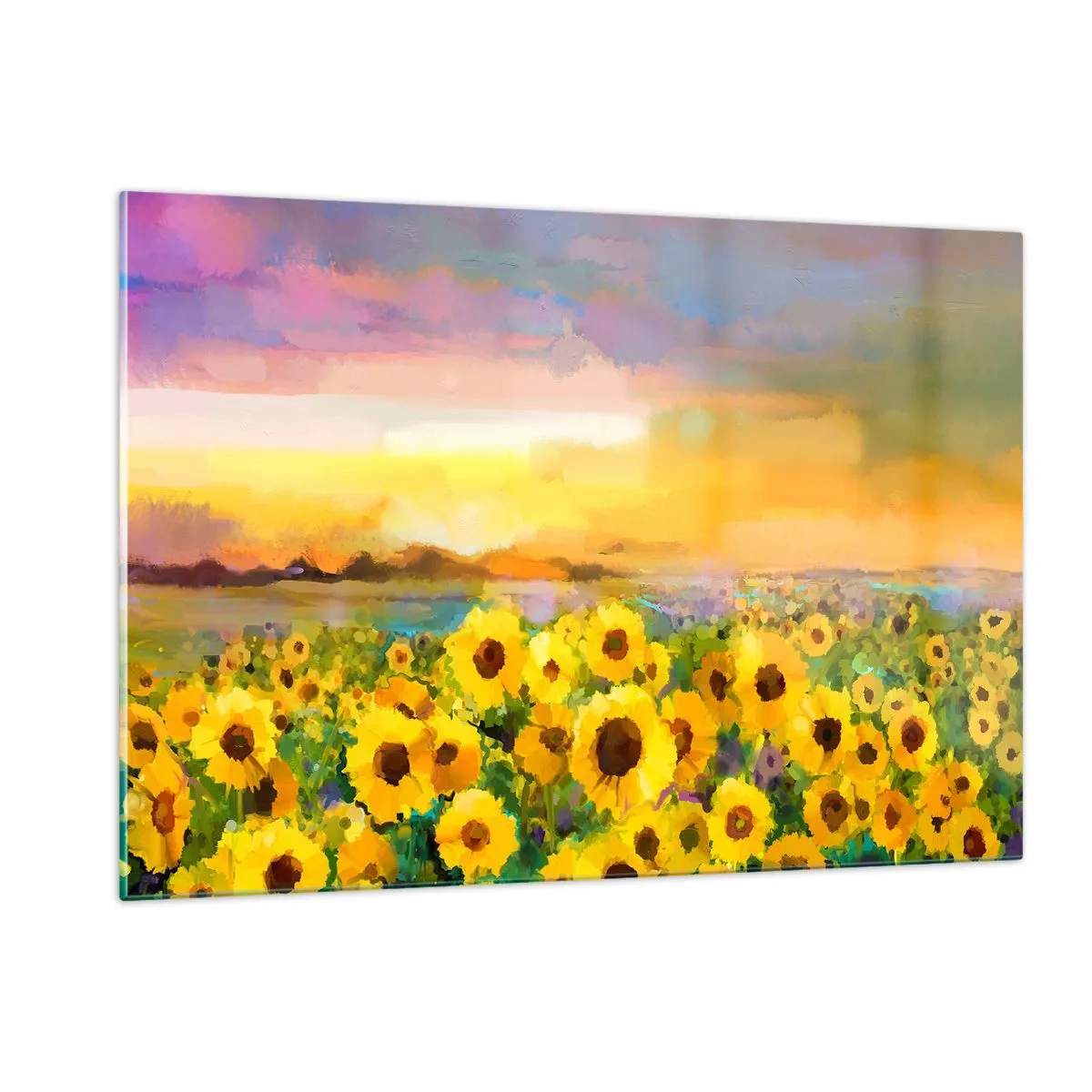 Impression sur verre - Image sur verre - Un champ de tournesols à la lumière du soleil couchant - 120x80cm - Le soleil lui-même est descendu sur terre - Décoration murale moderne pour le salon et la chambre ARTTOR