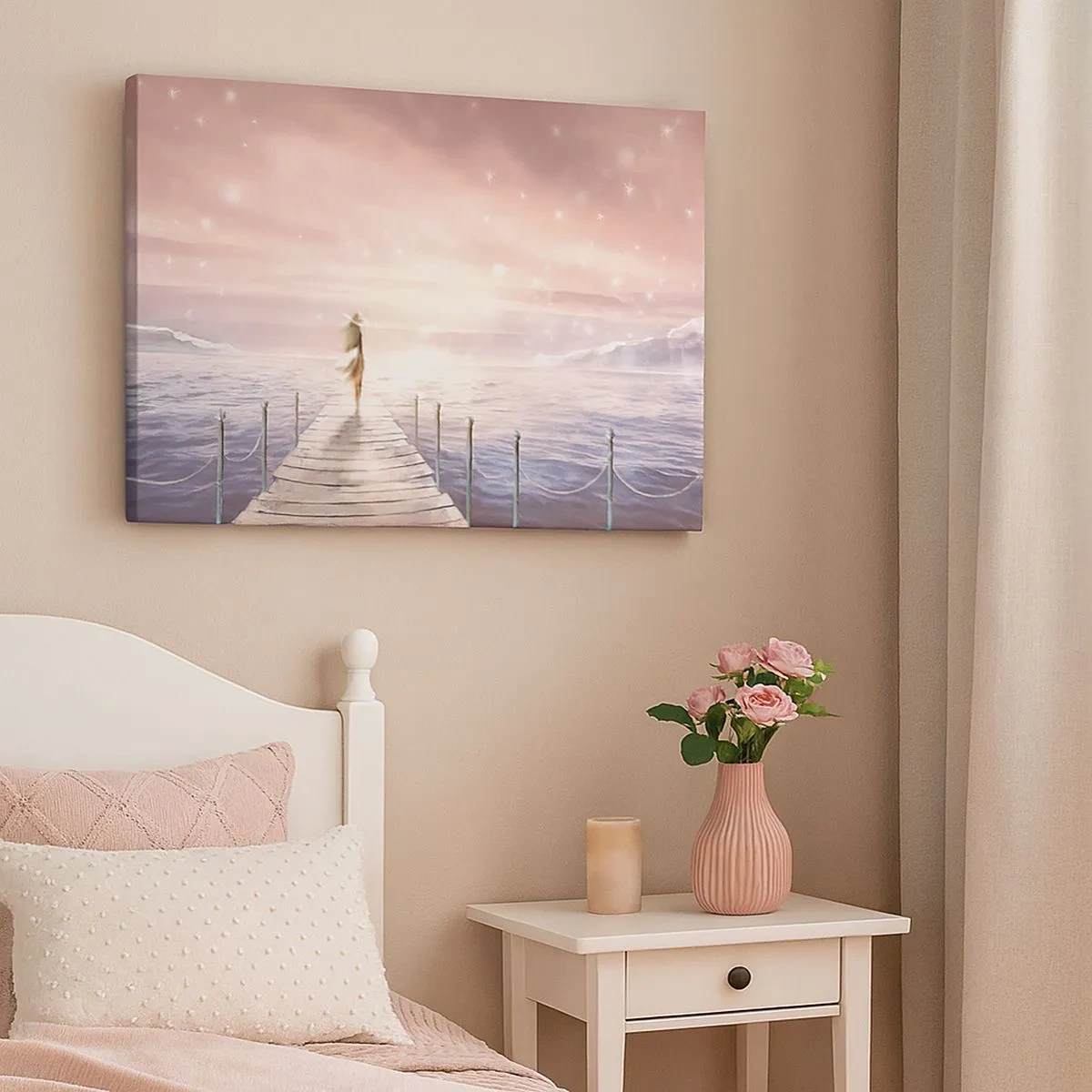 Impression sur toile - Image sur toile - Une femme sur une jetée dans un décor de coucher de soleil magique - 70x50cm - A la lumière d'un rêve - Décoration murale moderne pour le salon et la chambre ARTTOR