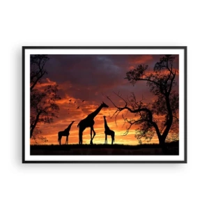 Affiche dans un cadre noir - Poster - Silhouettes de girafes sur fond de coucher de soleil africain - 100x70cm - Un petit dîner avec vos proches - Décoration murale moderne pour le salon et la chambre ARTTOR