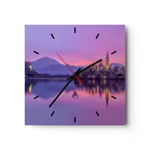 Horloge murale - Pendule murale - Lac avec une île et une église au coucher du soleil - 30x30cm - Une île de conte de fées au crépuscule - Décoration murale moderne pour le salon et la chambre ARTTOR