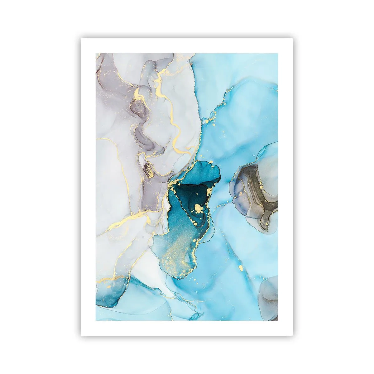 Affiche - Poster - Une composition abstraite dans des tons de bleu avec de délicats accents dorés. - 50x70cm - Etude de la rencontre gris et turquoise - Décoration murale moderne pour le salon et la chambre ARTTOR
