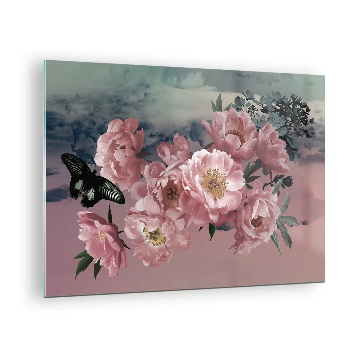 Impression sur verre - Image sur verre - Pivoines roses avec un papillon contre le ciel - 70x50cm - Pic du romantisme - Décoration murale moderne pour le salon et la chambre ARTTOR
