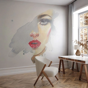 Papier Peint Photo Premium Sand - Reflet dans une goutte d'eau - Visage de femme, Femme, lèvres rouges - 350x256 cm