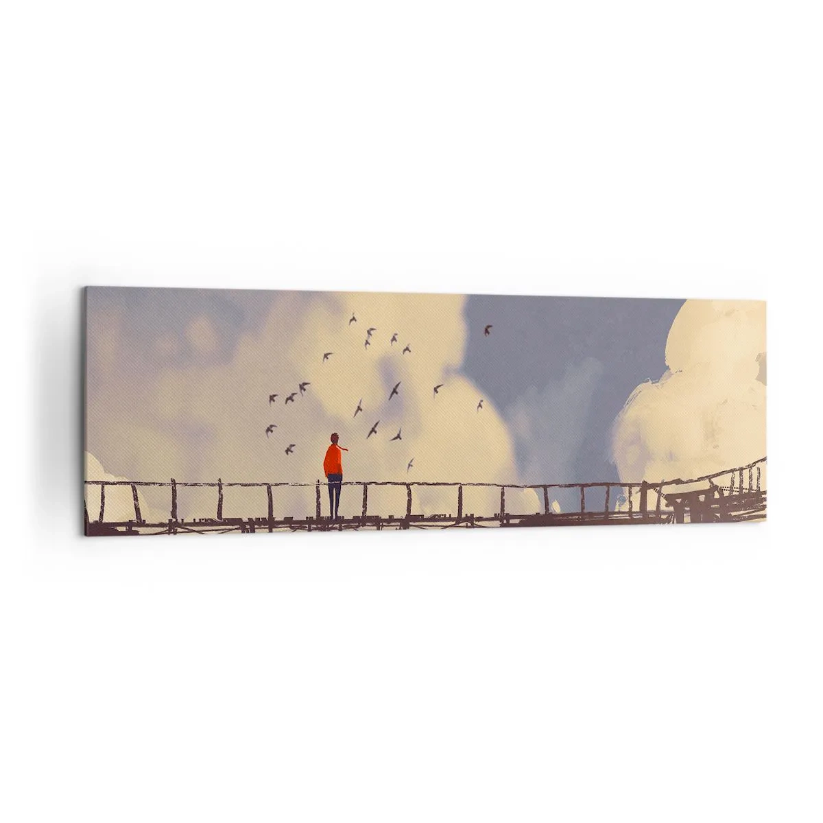 Impression sur toile - Image sur toile - Une silhouette sur un pont parmi les nuages avec des oiseaux dans le ciel - 160x50cm - Bleu nostalgie - Décoration murale moderne pour le salon et la chambre ARTTOR
