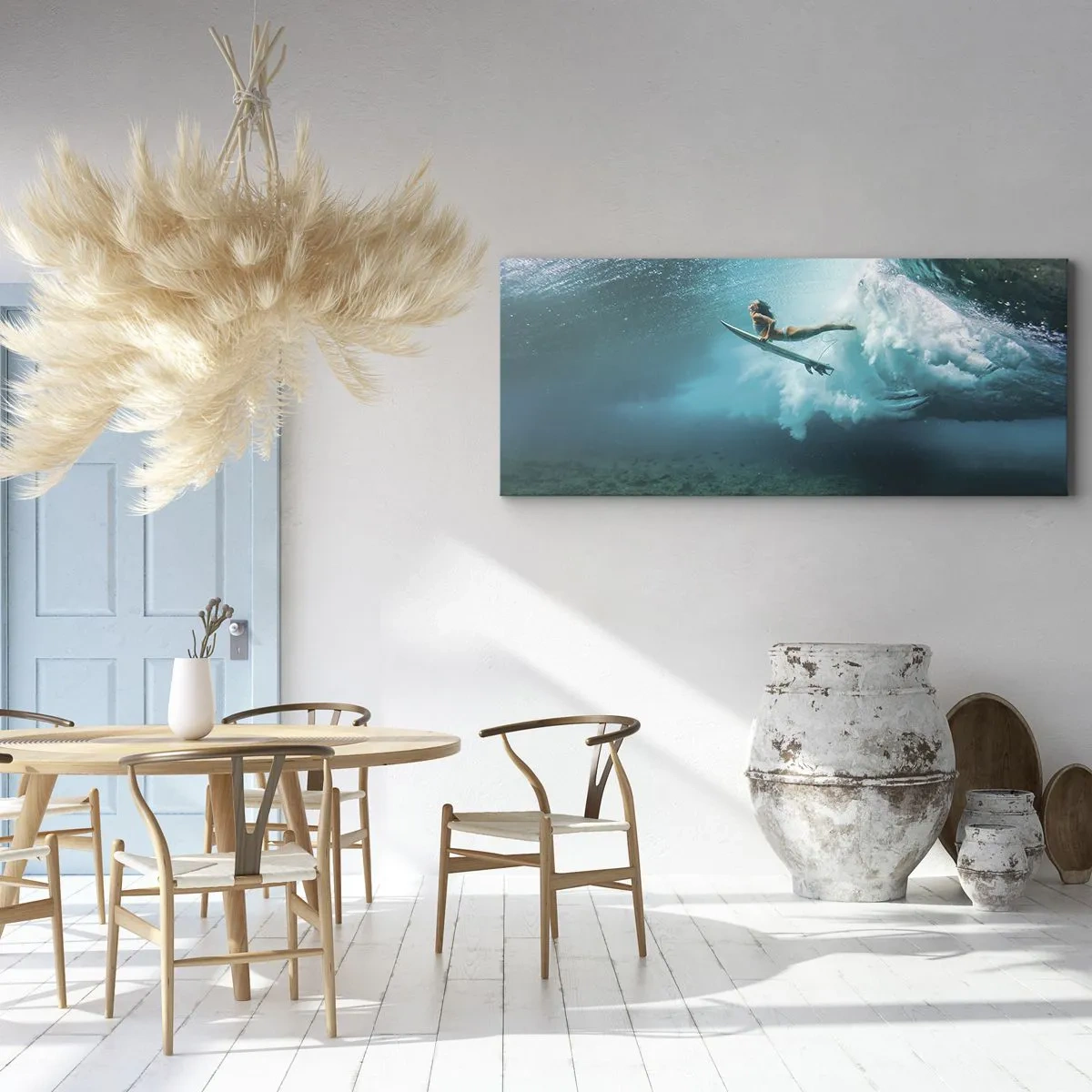 Impression sur toile - Image sur toile - Surfeur sous une vague dans l'eau bleue de l'océan - 160x50cm - Monde sous marin - Décoration murale moderne pour le salon et la chambre ARTTOR