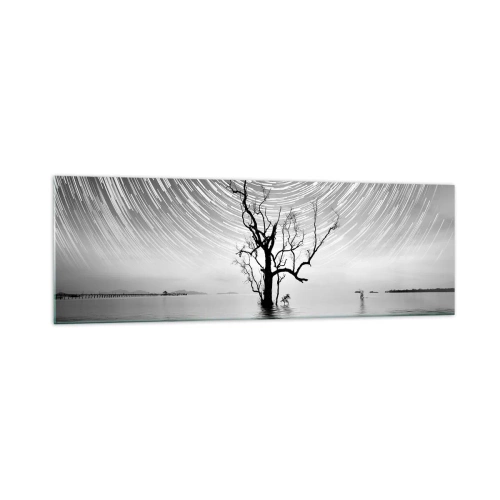 Impression sur verre - Image sur verre - Un arbre dans l'eau sous un ciel nocturne avec des étoiles en mouvement - 160x50cm - La symphonie de la nature - Décoration murale moderne pour le salon et la chambre ARTTOR