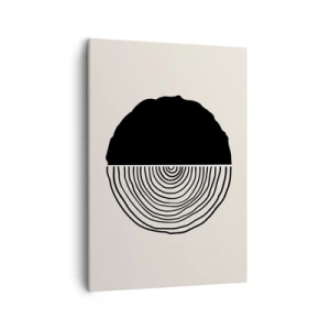 Impression sur toile - Image sur toile - Un motif abstrait en noir et blanc inspiré d'une coupe transversale de bois avec une division géométrique. - 50x70cm - Moitié-moitié - Décoration murale moderne pour le salon et la chambre ARTTOR