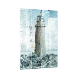 Impression sur verre - Image sur verre - Un phare sur une côte rocheuse aux couleurs pastel - 70x100cm - Sur du vieux bois - Décoration murale moderne pour le salon et la chambre ARTTOR