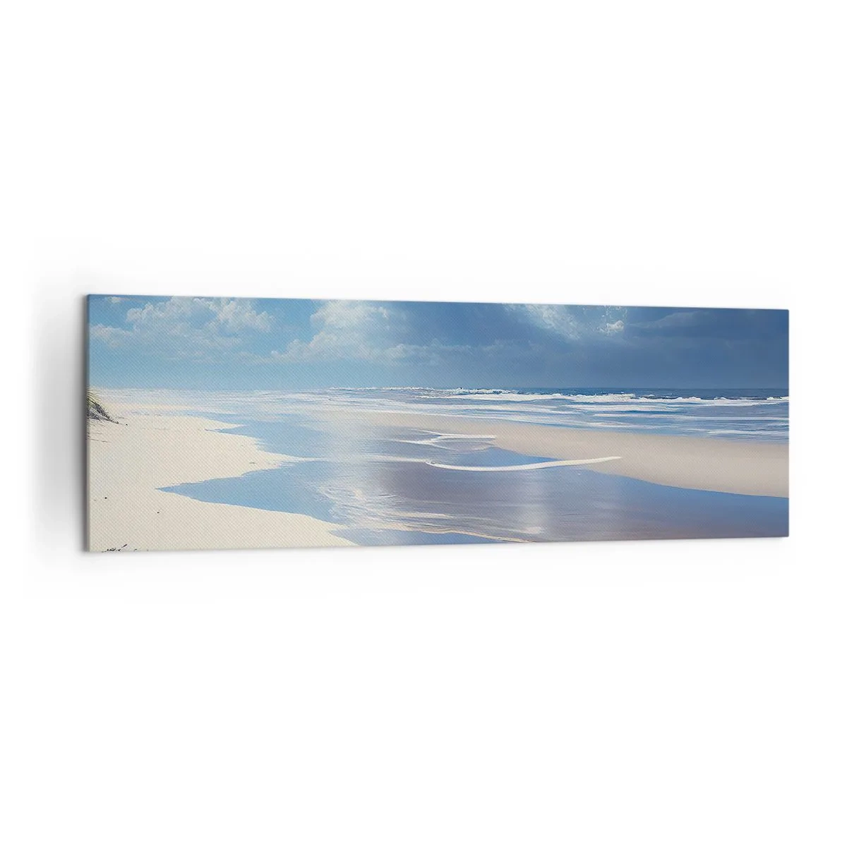 Impression sur toile - Image sur toile - Une plage de sable avec des vagues sous un ciel bleu - 160x50cm - Des vacances paradisiaques - Décoration murale moderne pour le salon et la chambre ARTTOR