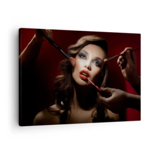 Impression sur toile - Image sur toile - Portrait élégant d'une femme se maquillant sur un fond sombre - 70x50cm - Belle rêveuse - Décoration murale moderne pour le salon et la chambre ARTTOR