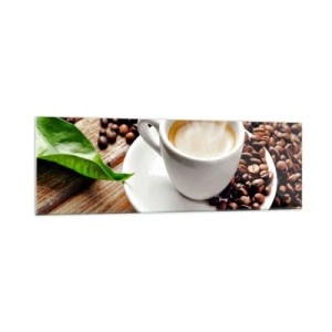 Impression sur verre - Image sur verre - Une tasse de café aromatique sur fond de grains et d'une feuille - 160x50cm - Café sur un banc - Décoration murale moderne pour le salon et la chambre ARTTOR