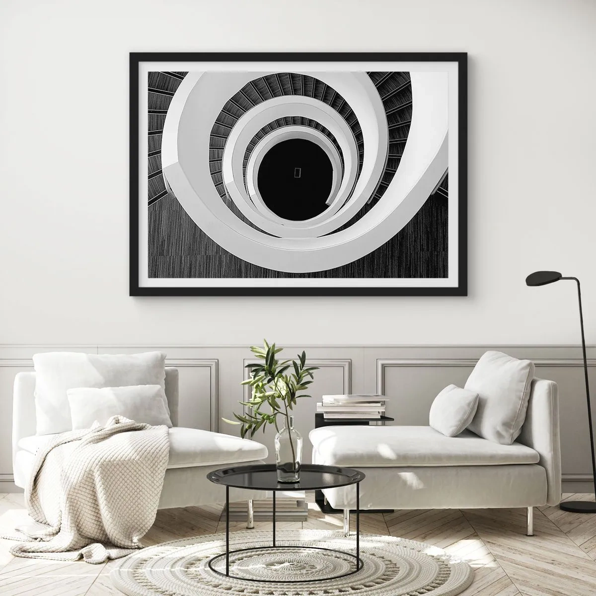 Affiche dans un cadre noir - Poster - Escalier en colimaçon noir et blanc de style moderne - 70x50cm - Les choses concrêtes - Décoration murale moderne pour le salon et la chambre ARTTOR