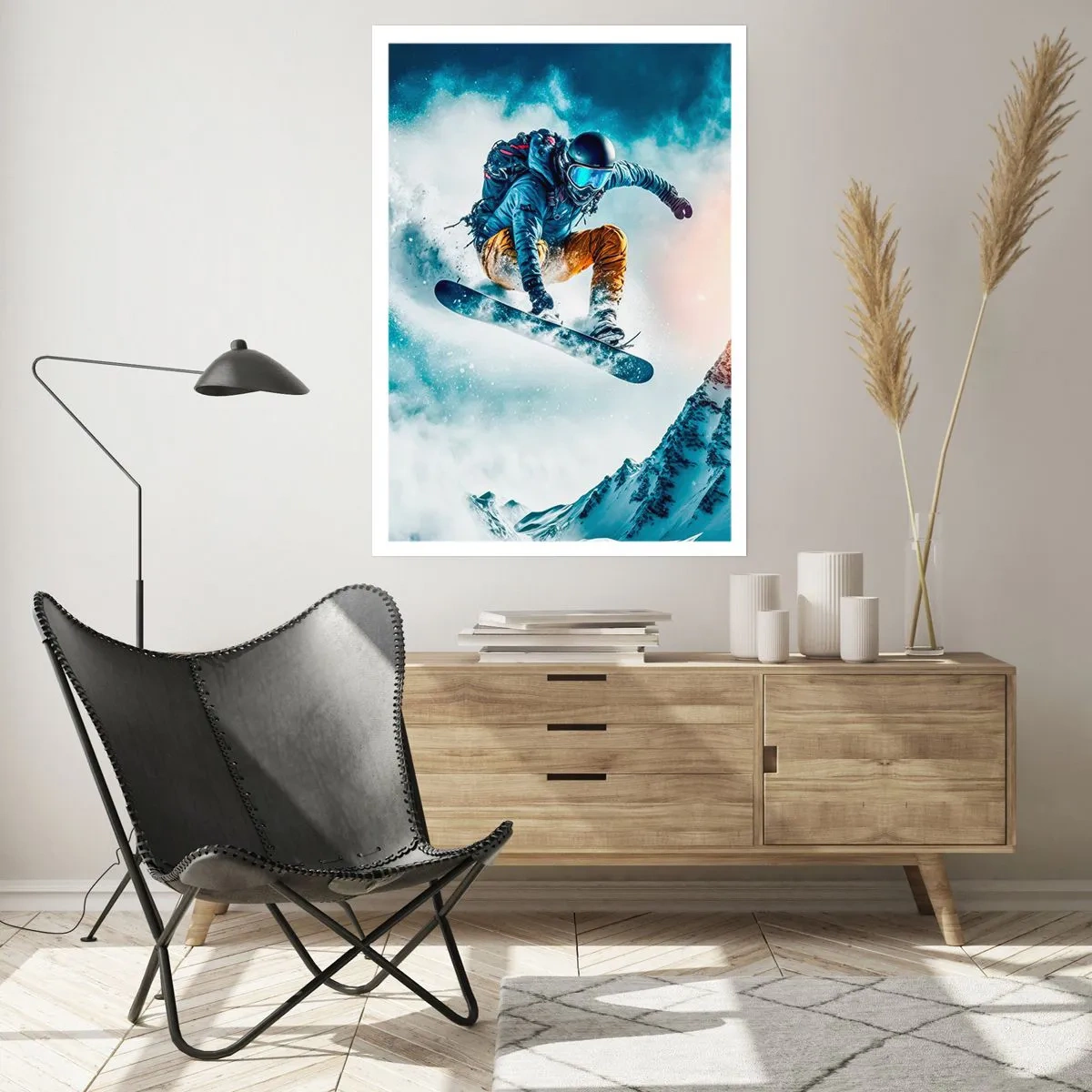 Affiche - Poster - Un snowboarder survole un sommet enneigé - 50x70cm - Des émotions extrêmes - Décoration murale moderne pour le salon et la chambre ARTTOR