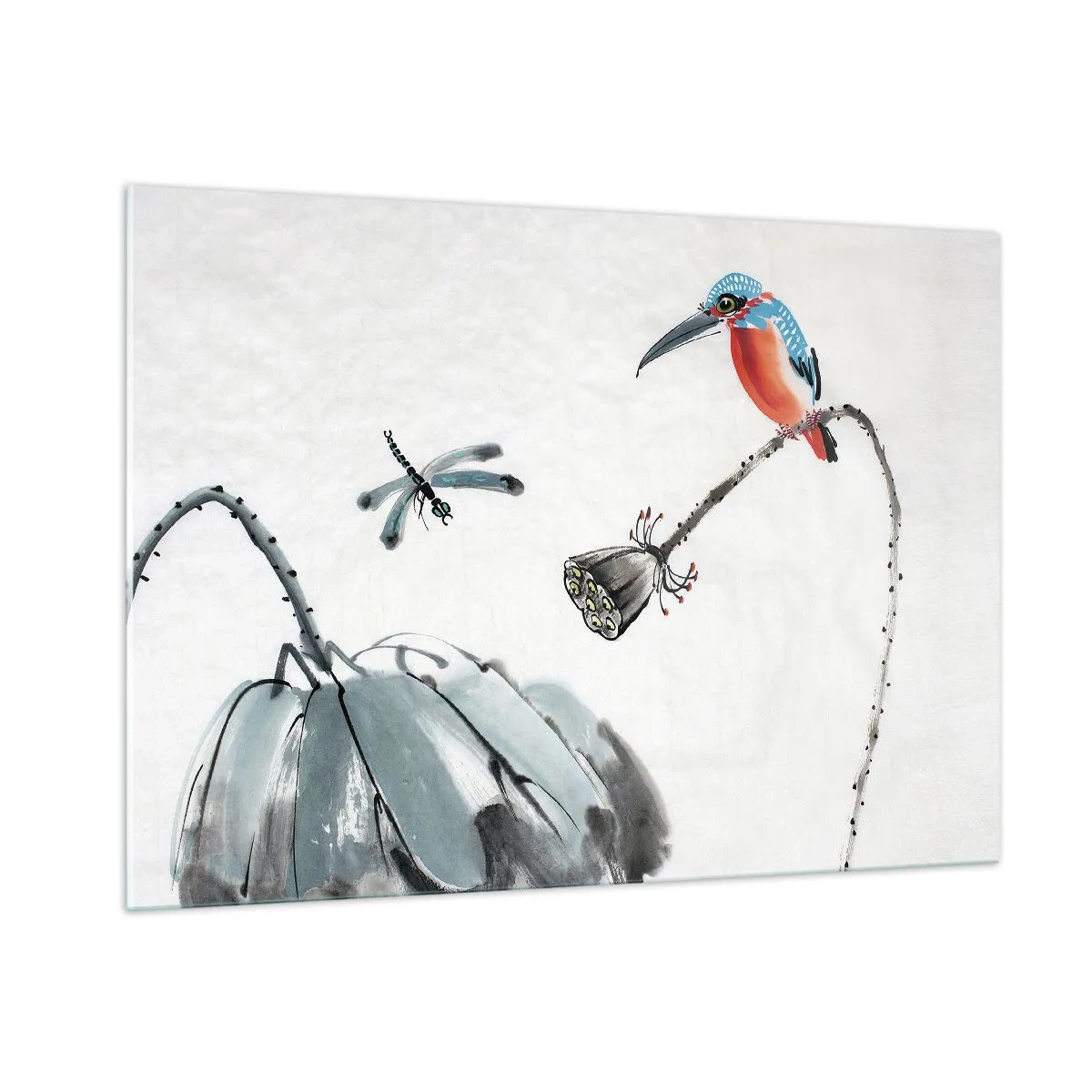 Impression sur verre - Image sur verre - Illustration d'un oiseau coloré et d'une libellule sur fond de végétation - 100x70cm - La vie du champ - Décoration murale moderne pour le salon et la chambre ARTTOR