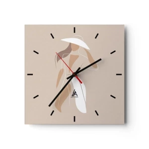 Horloge murale - Pendule murale - Un dessin minimaliste d'une femme avec un chapeau sur fond beige. - 30x30cm - Lea mode est un jeu - Décoration murale moderne pour le salon et la chambre ARTTOR