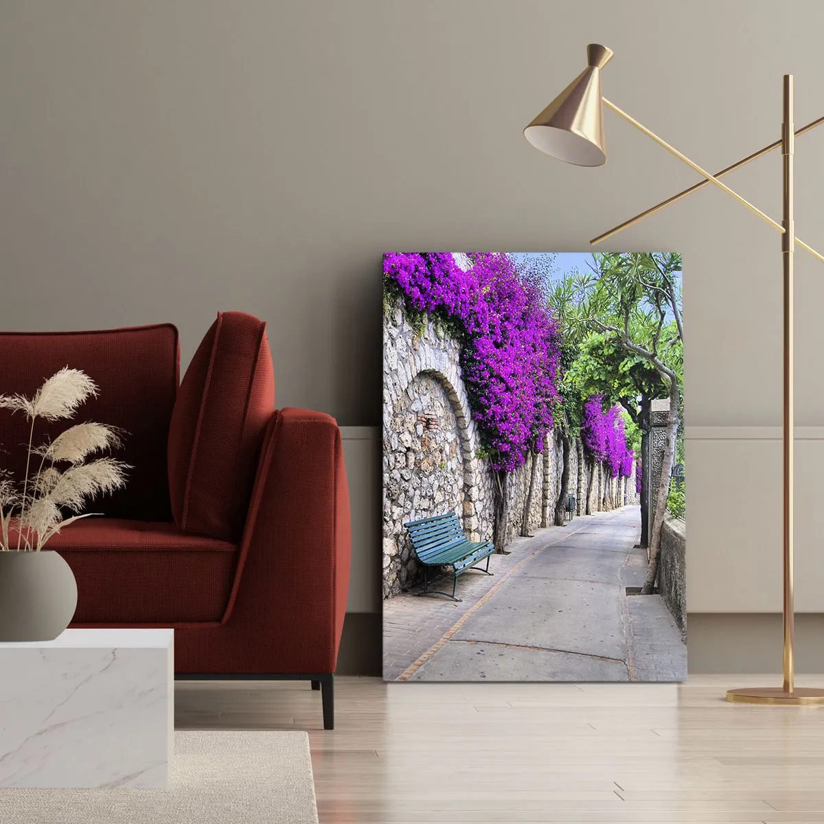 Impression sur toile - Image sur toile - Un chemin de pierre avec un banc et des fleurs violettes en fleurs - 80x120cm - Rencontrons-nous au plus vite - Décoration murale moderne pour le salon et la chambre ARTTOR