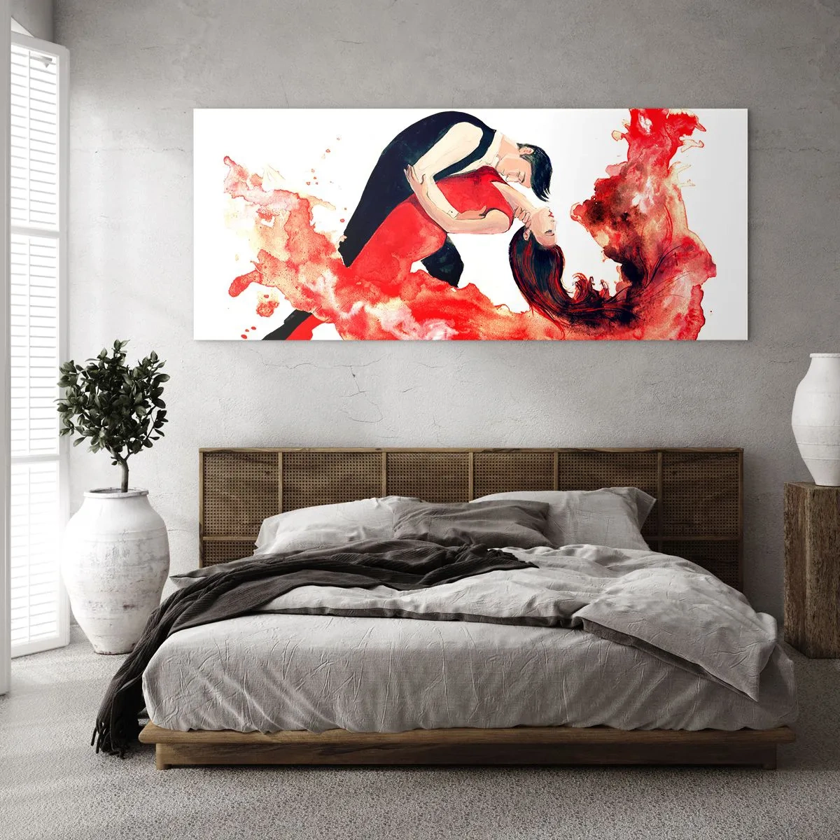 Impression sur verre - Image sur verre - Une aquarelle dynamique d'un couple dansant aux couleurs rouges. - 120x50cm - Tango - une vague sensuelle - Décoration murale moderne pour le salon et la chambre ARTTOR