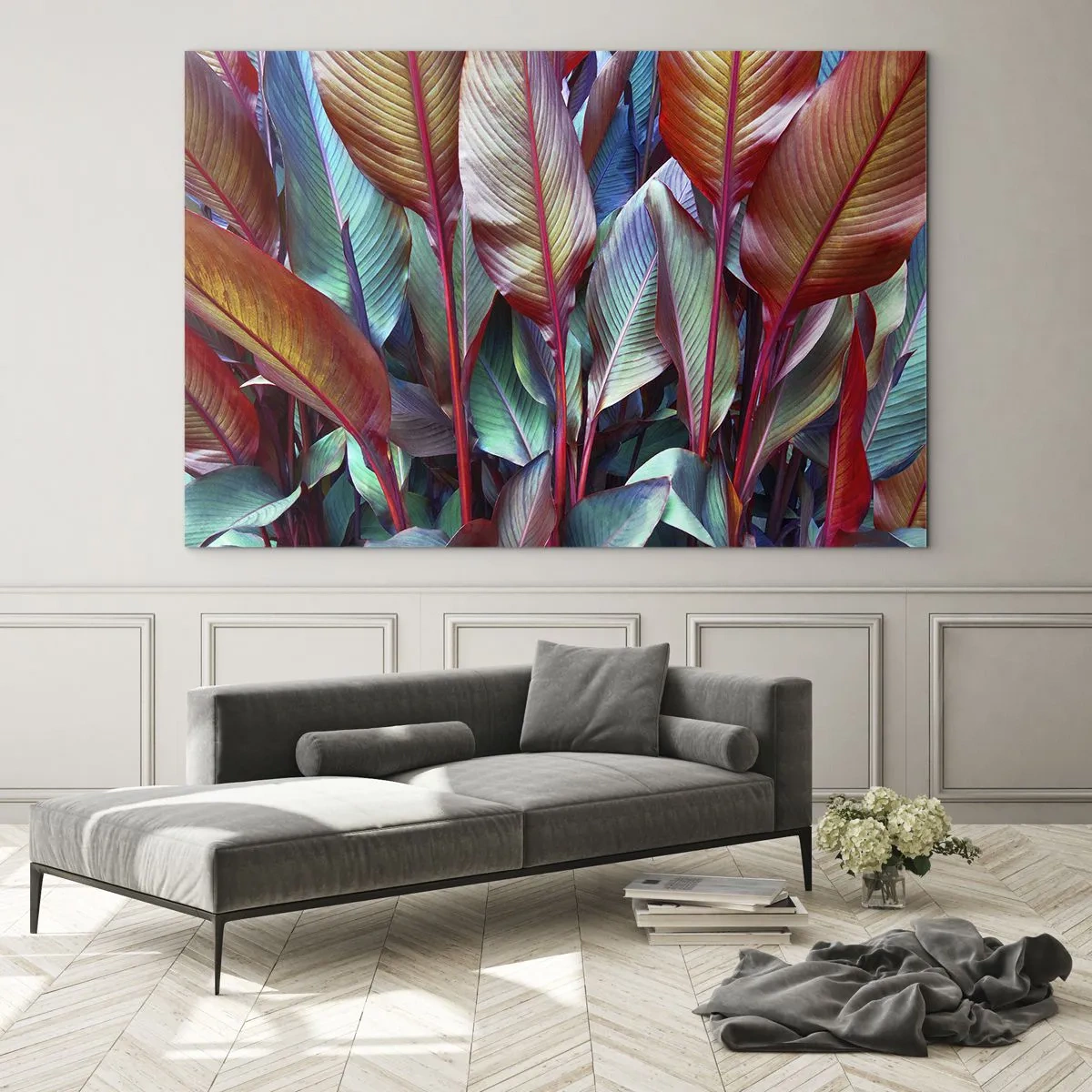 Impression sur verre - Image sur verre - Un fourré coloré de feuilles dans des tons de rouge, de vert et de violet - 100x70cm - Un fourré coloré - Décoration murale moderne pour le salon et la chambre ARTTOR