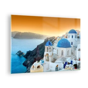 Impression sur verre - Image sur verre - Vue de Santorin avec ses dômes bleus et ses falaises - 70x50cm - Santorin - blotti contre les rochers - Décoration murale moderne pour le salon et la chambre ARTTOR