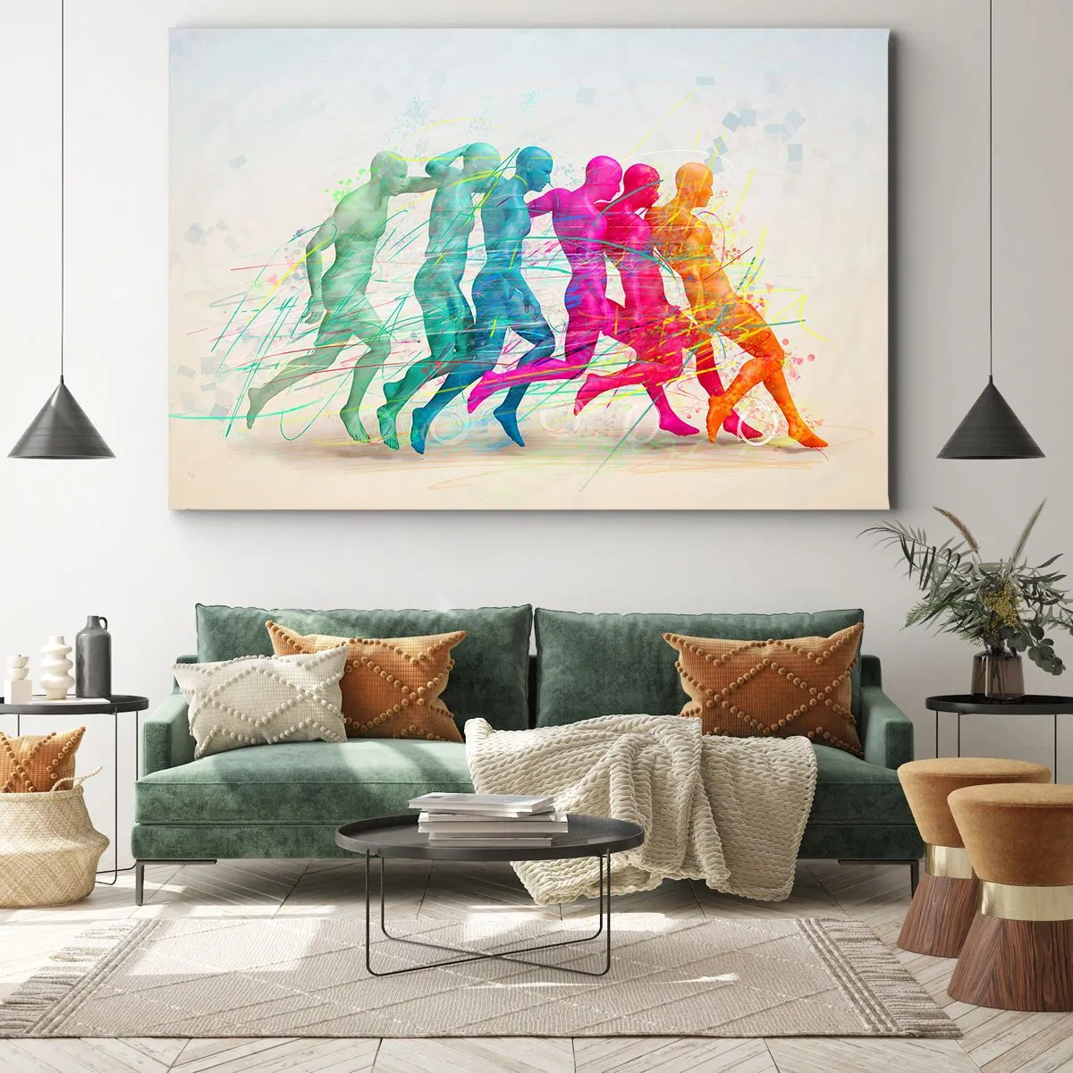 Impression sur toile - Image sur toile - Silhouettes colorées de coureurs en mouvement - 100x70cm - Harmonie du mouvement - Décoration murale moderne pour le salon et la chambre ARTTOR