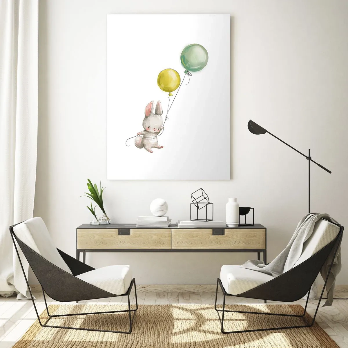 Impression sur verre - Image sur verre - Un lapin tenant deux ballons - 50x70cm - Moi aussi je vole! - Décoration murale moderne pour le salon et la chambre ARTTOR