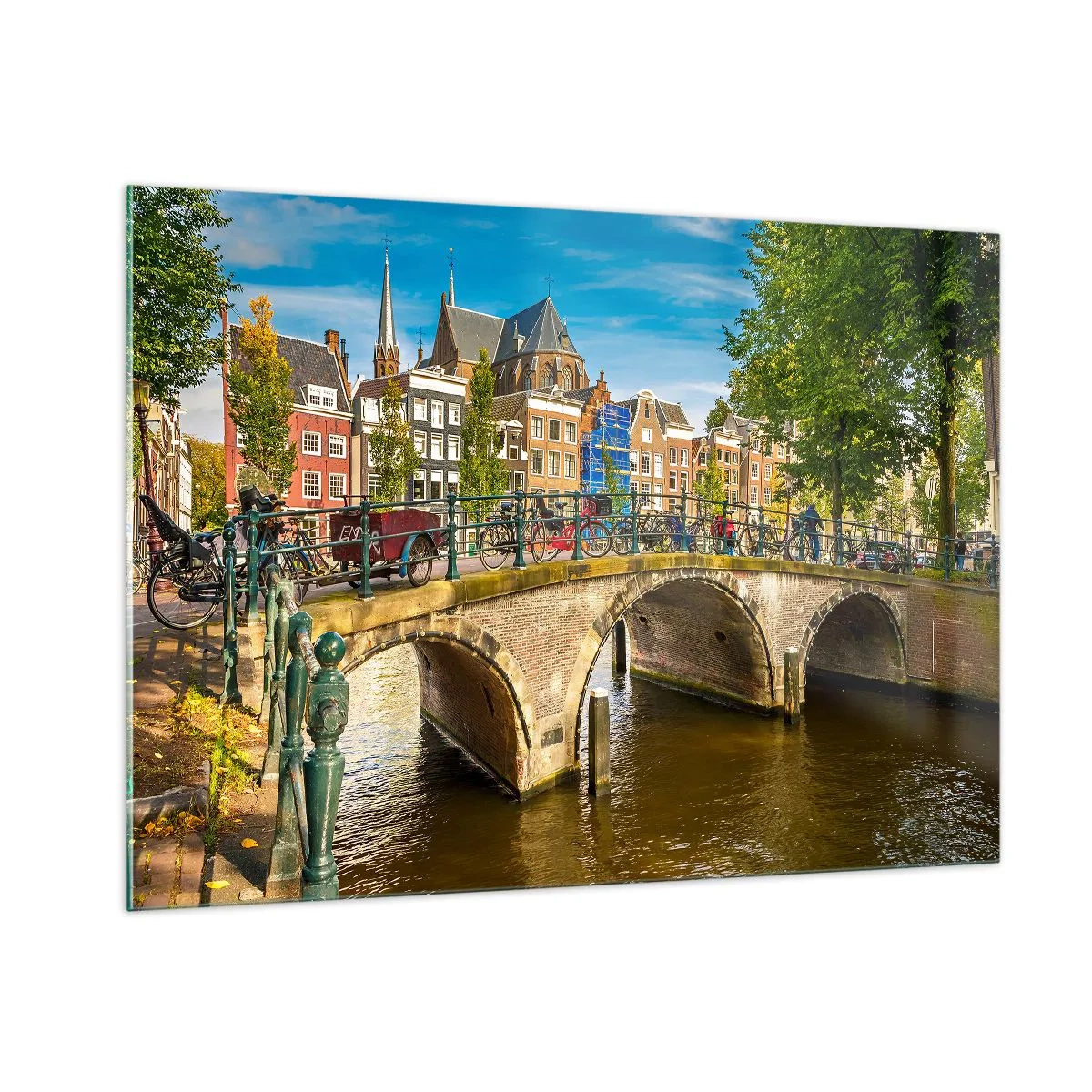 Impression sur verre - Image sur verre - Un pont sur un canal entouré d'architecture historique et de verdure - 100x70cm - Le printemps sur le canal - Décoration murale moderne pour le salon et la chambre ARTTOR