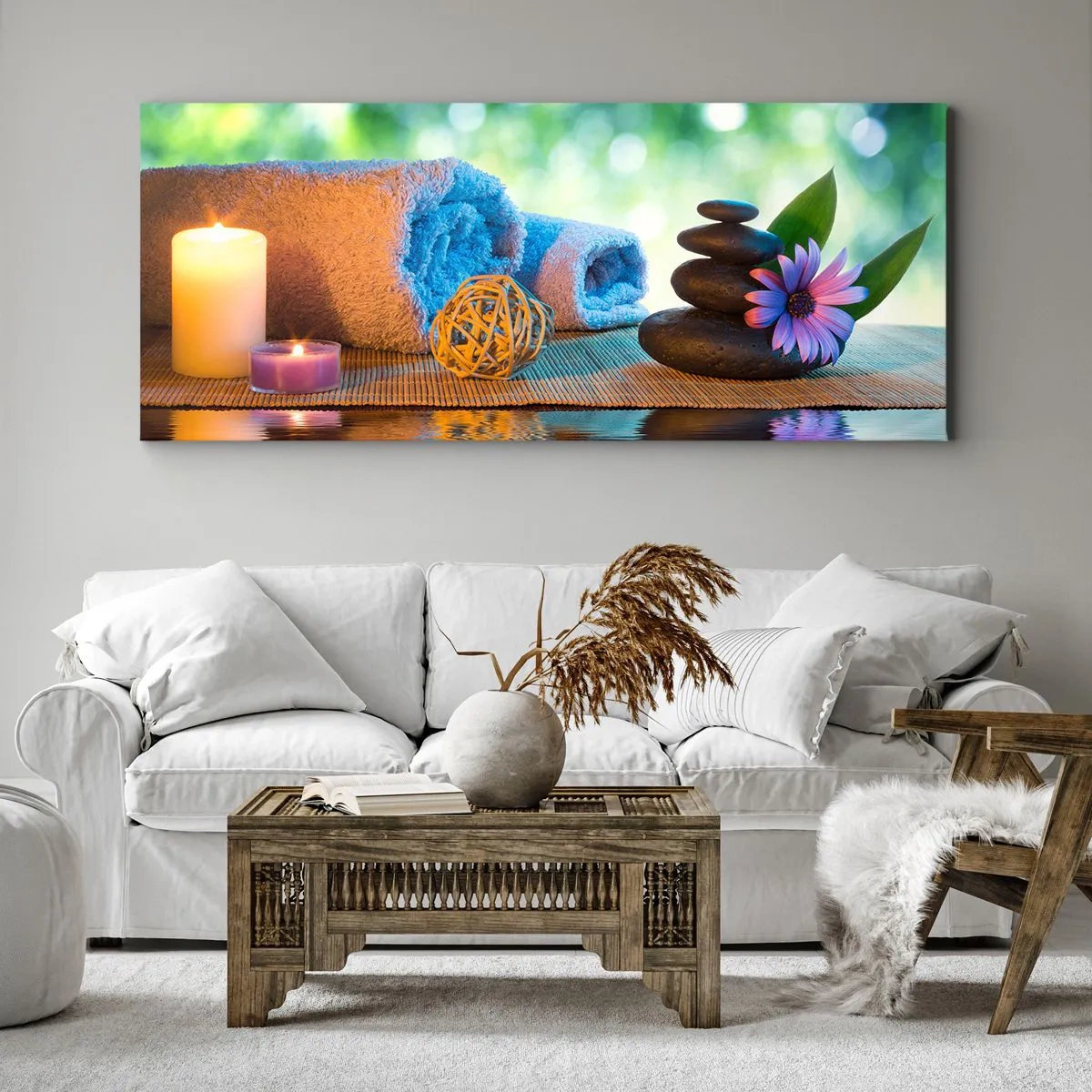 Impression sur toile - Image sur toile - Ensemble SPA relaxant avec serviettes, bougies et pierres - 120x50cm - Temps pour le corps - Décoration murale moderne pour le salon et la chambre ARTTOR