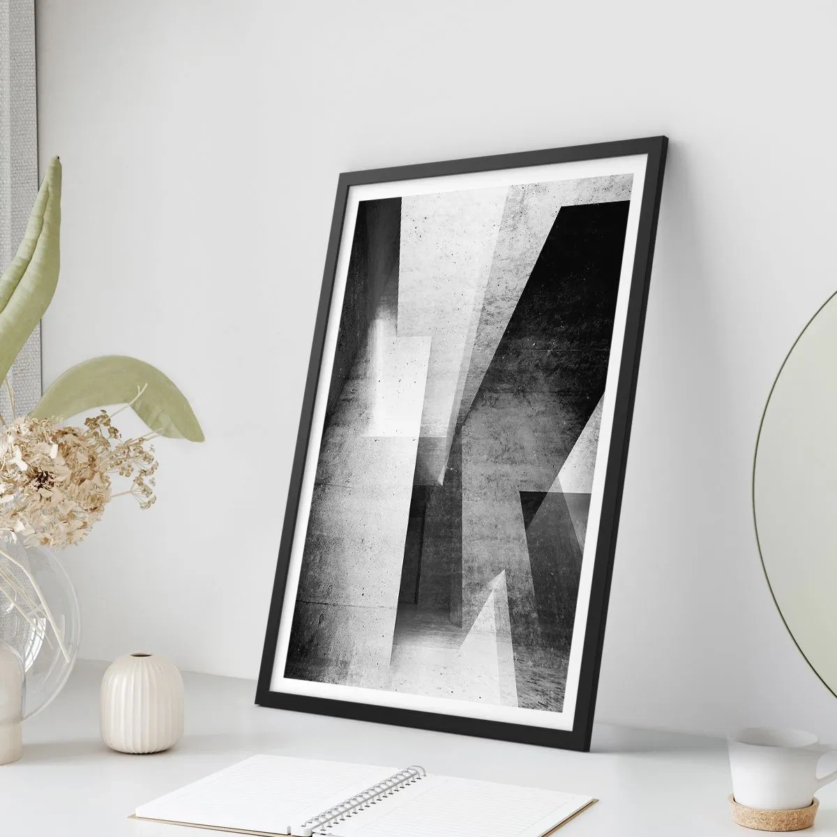 Affiche dans un cadre noir - Poster - Abstraction géométrique en noir et blanc - 50x70cm - Structure de l'espace - Décoration murale moderne pour le salon et la chambre ARTTOR