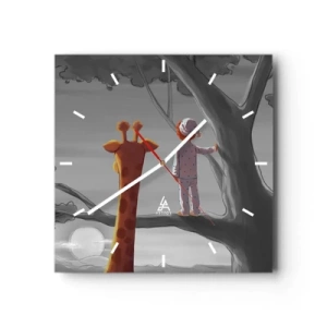 Horloge murale - Pendule murale - Un enfant et une girafe sur une branche d'arbre dans un paysage de conte de fées - 30x30cm - Cela arrive vraiment - Décoration murale moderne pour le salon et la chambre ARTTOR