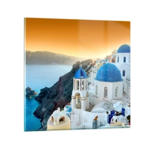 Impression sur verre - Image sur verre - Santorin - blotti contre les rochers - 70x70 cm