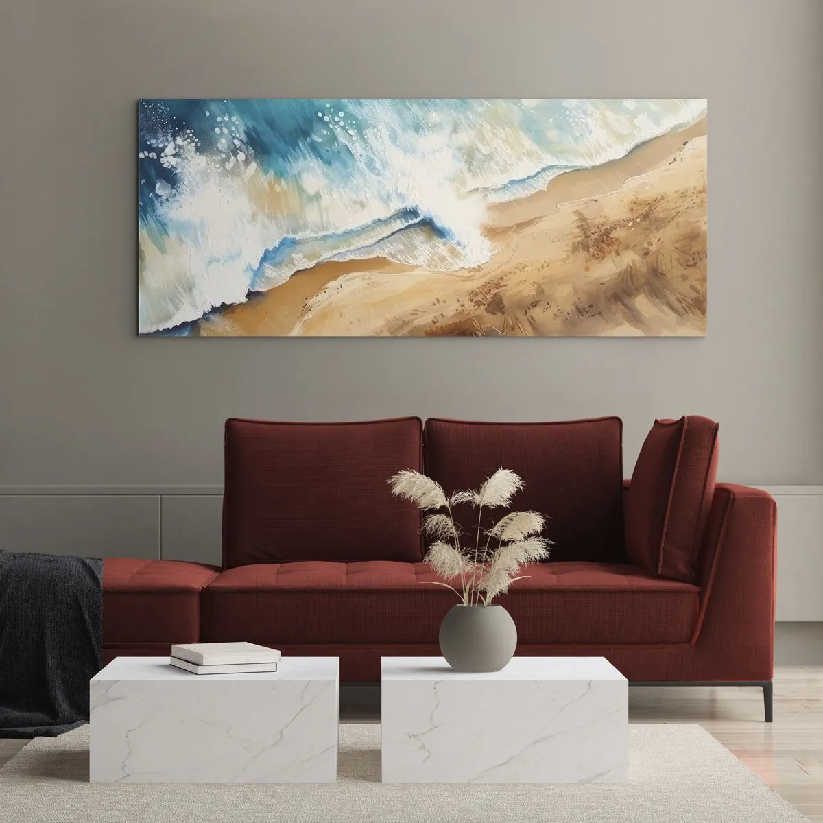 Impression sur verre - Image sur verre - Une vague de mer s'écrasant contre le rivage sablonneux - 160x50cm - La vague qui revient - Décoration murale moderne pour le salon et la chambre ARTTOR