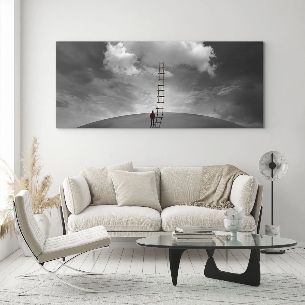 Impression sur verre - Image sur verre - Une personne portant un manteau rouge et une échelle menant à un nuage - 120x50cm - Tout est possible - Décoration murale moderne pour le salon et la chambre ARTTOR