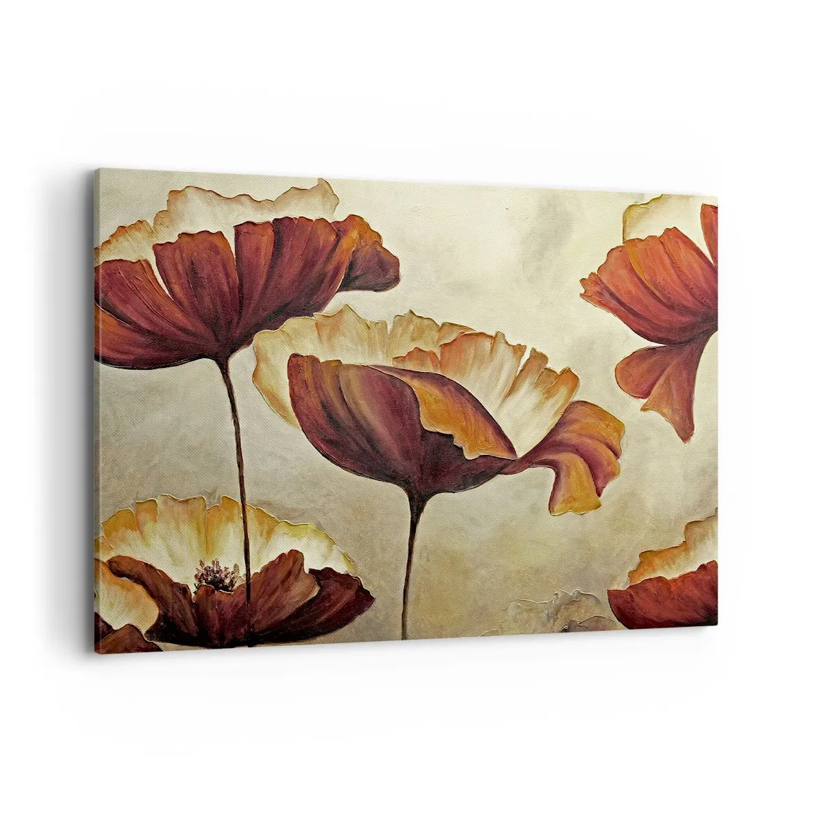 Impression sur toile - Image sur toile - Fleurs subtiles dans des tons de rouge et d'or sur un fond clair - 100x70cm - À la lisière des champs - Décoration murale moderne pour le salon et la chambre ARTTOR