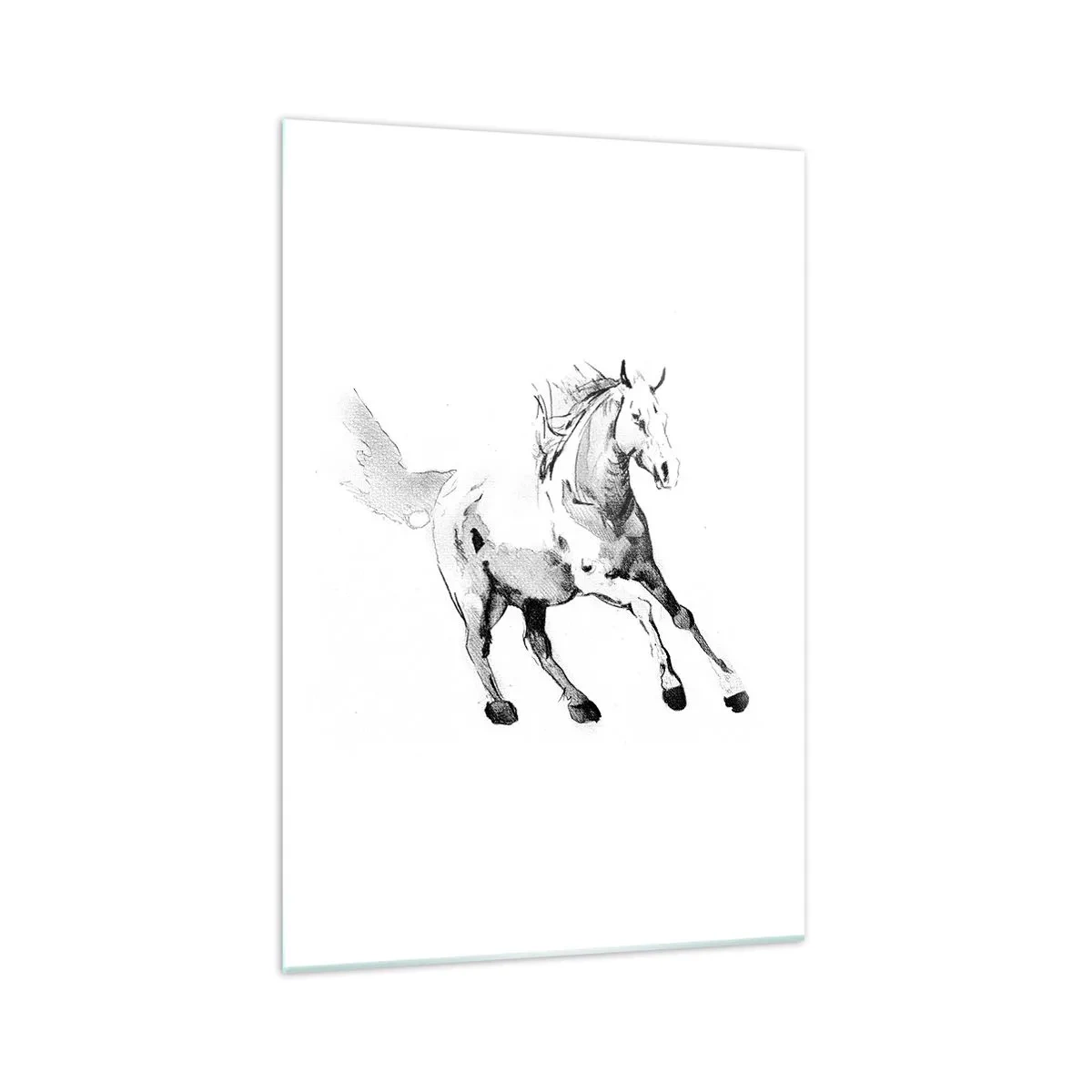 Impression sur verre - Image sur verre - Croquis d'un cheval au galop dans des tons de noir et blanc - 70x100cm - Âme indomptée - Décoration murale moderne pour le salon et la chambre ARTTOR