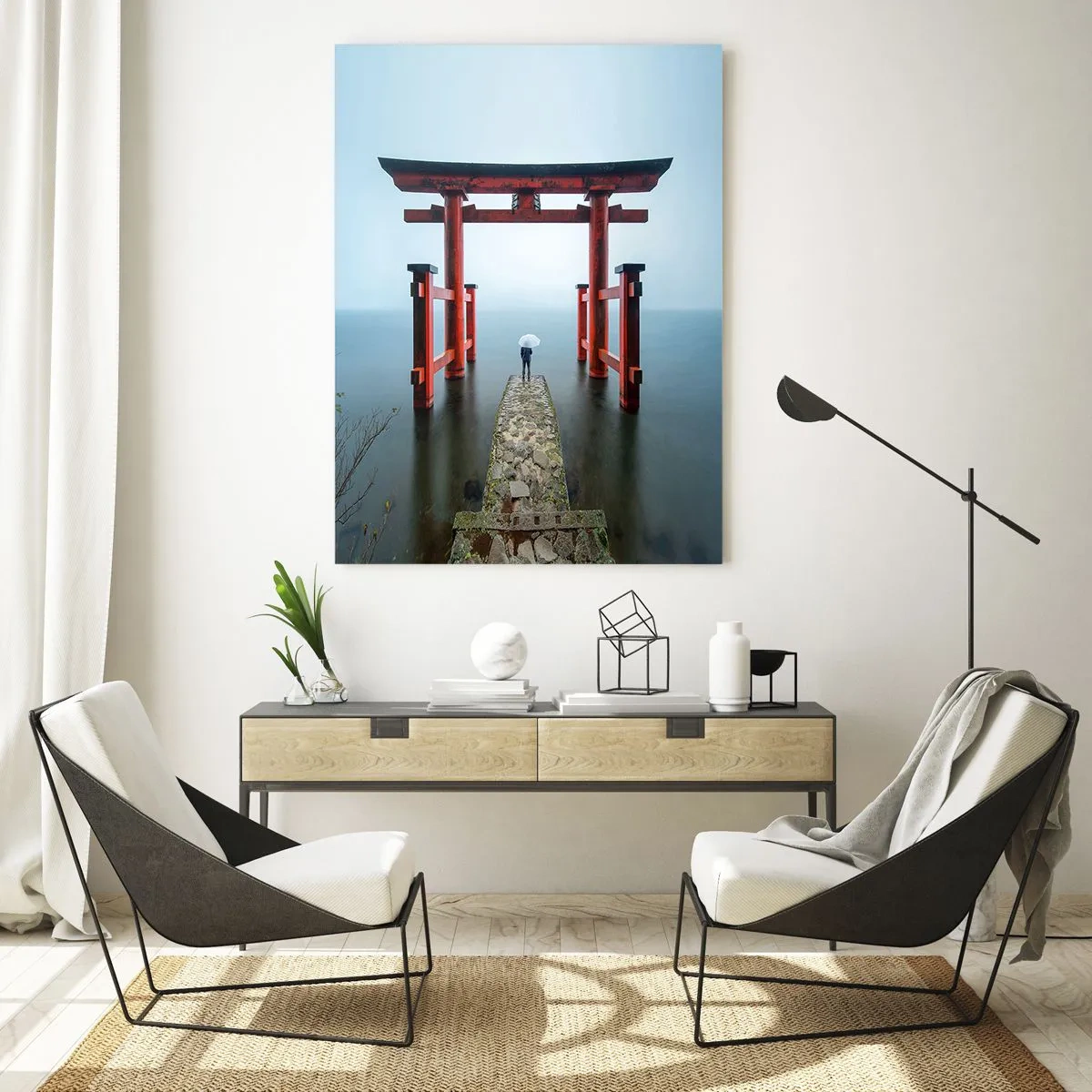 Impression sur verre - Image sur verre - Un portail torii surplombant un lac tranquille au Japon - 80x120cm - Rêverie japonnaise - Décoration murale moderne pour le salon et la chambre ARTTOR