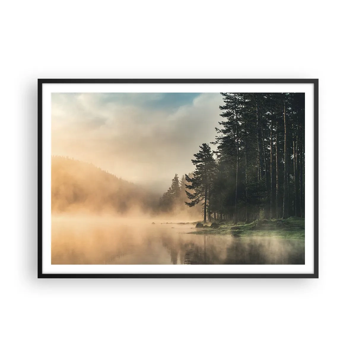 Affiche dans un cadre noir - Poster - Une forêt brumeuse sur un lac calme - 100x70cm - Naissance du jour - Décoration murale moderne pour le salon et la chambre ARTTOR
