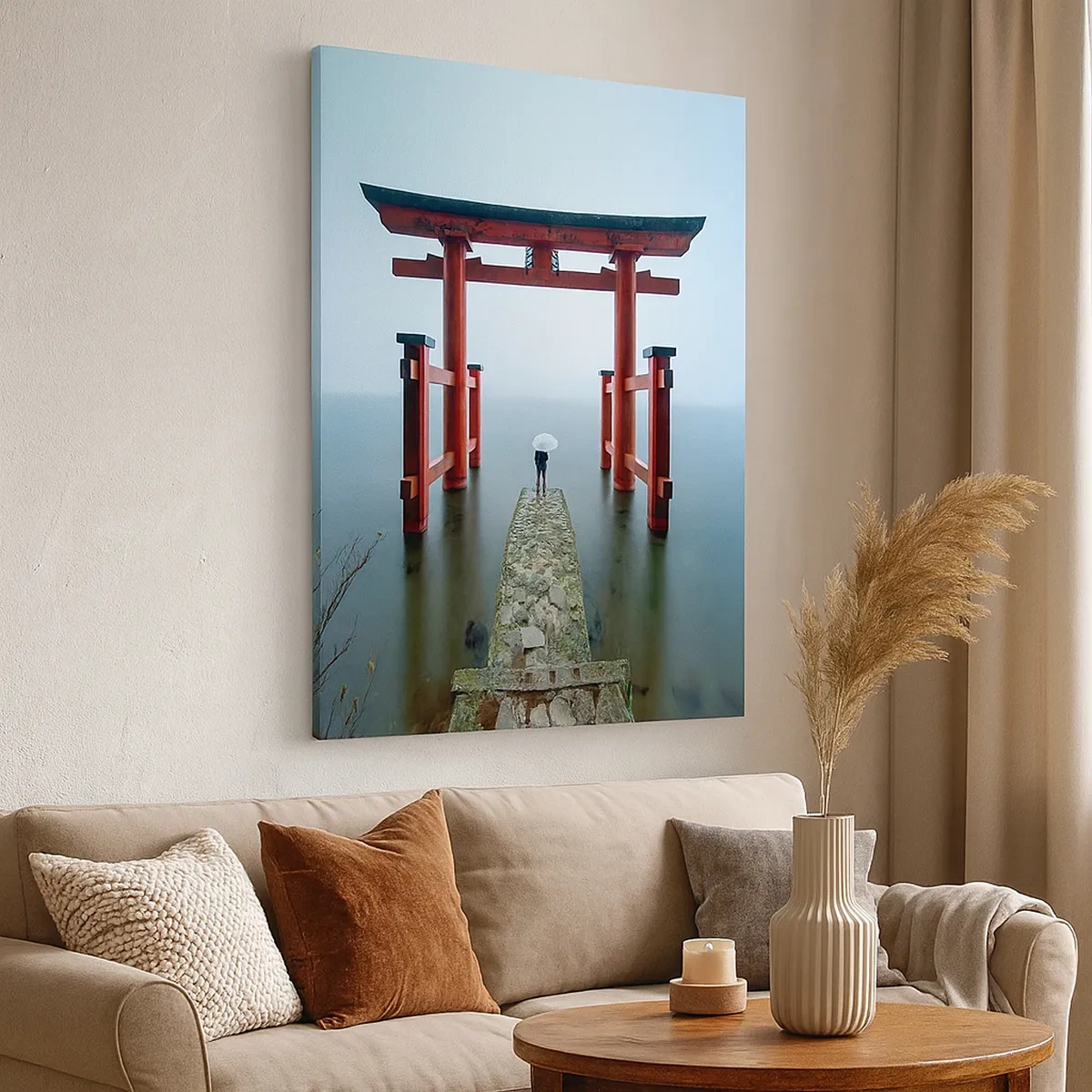 Impression sur toile - Image sur toile - Un portail torii surplombant un lac tranquille au Japon - 50x70cm - Rêverie japonnaise - Décoration murale moderne pour le salon et la chambre ARTTOR