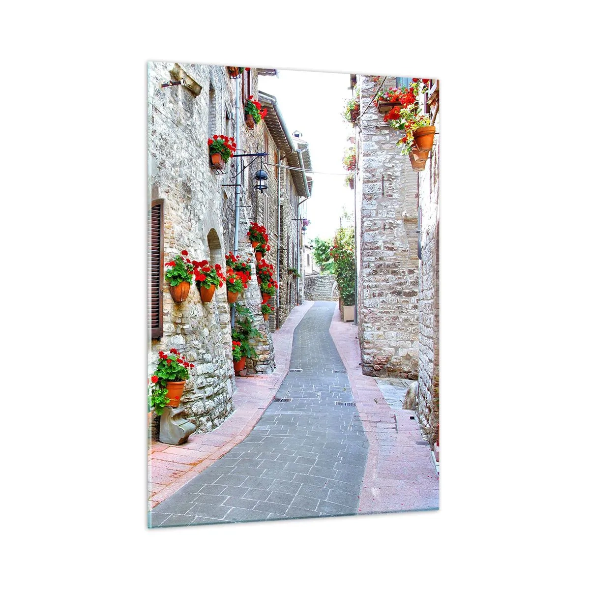Impression sur verre - Image sur verre - Une rue pittoresque avec des murs de pierre et des fleurs rouges - 50x70cm - Ambiance italienne - Décoration murale moderne pour le salon et la chambre ARTTOR