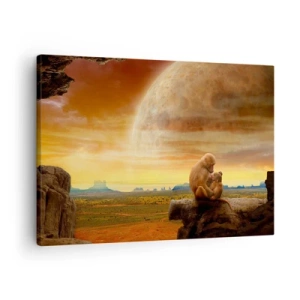 Impression sur toile - Image sur toile - Des singes assis sur un rocher dans un paysage surréaliste avec une planète géante - 70x50cm - L'amour est le même partout - Décoration murale moderne pour le salon et la chambre ARTTOR