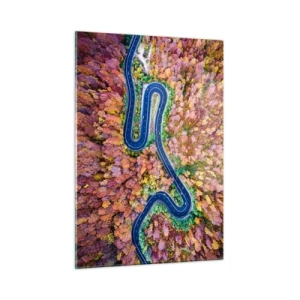 Impression sur verre - Image sur verre - Vue aérienne d'une route sinueuse parmi les arbres d'automne colorés - 50x70cm - Route sinueuse à travers la forêt - Décoration murale moderne pour le salon et la chambre ARTTOR