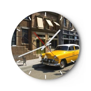 Horloge murale - Pendule murale - Un taxi jaune devant un bâtiment élégant - 30x30cm - Il y a longtemps en Amérique - Décoration murale moderne pour le salon, la cuisine et la chambre ARTTOR