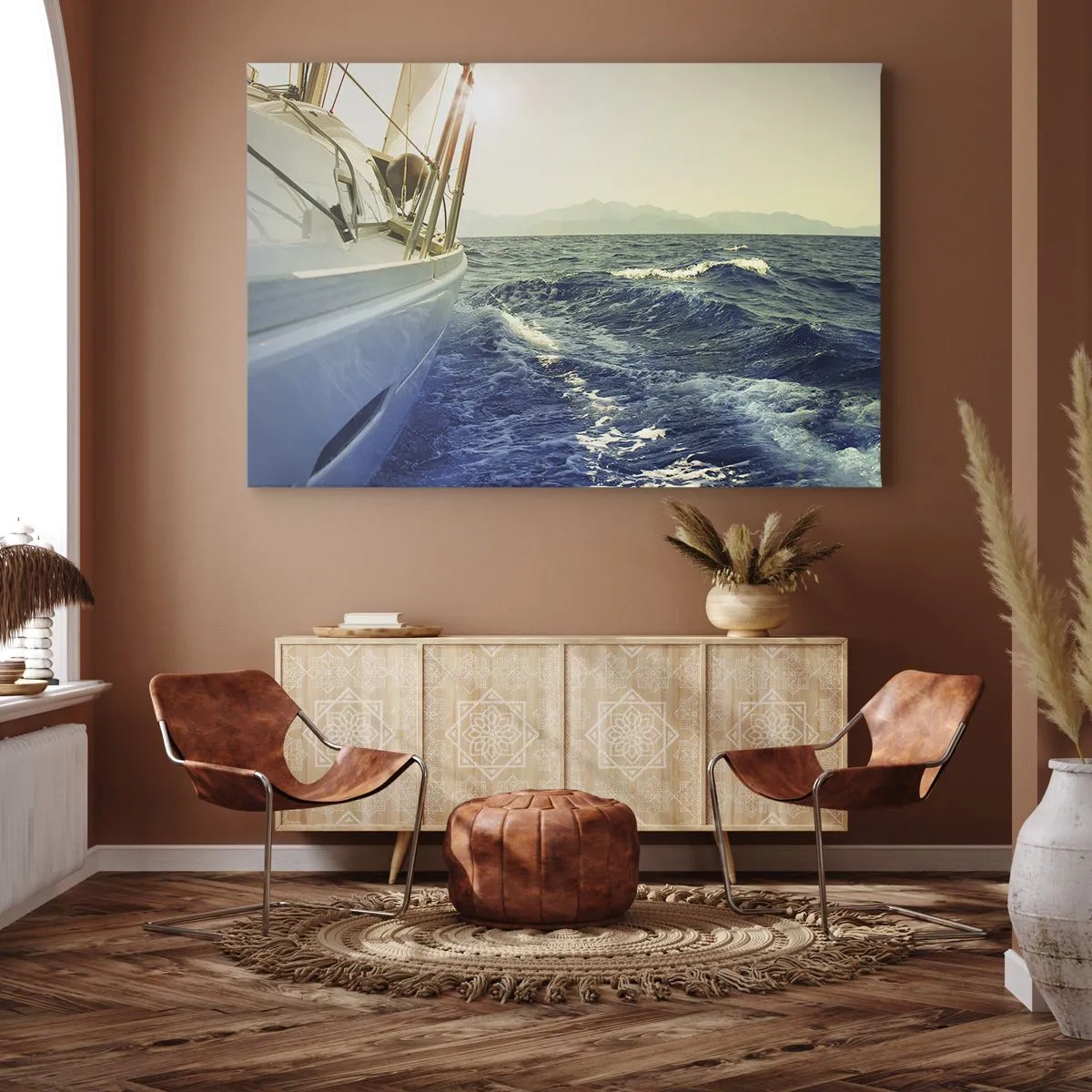 Impression sur toile - Image sur toile - Un yacht en pleine mer avec vue sur les vagues - 70x50cm - Suite à l'aventure - Décoration murale moderne pour le salon et la chambre ARTTOR