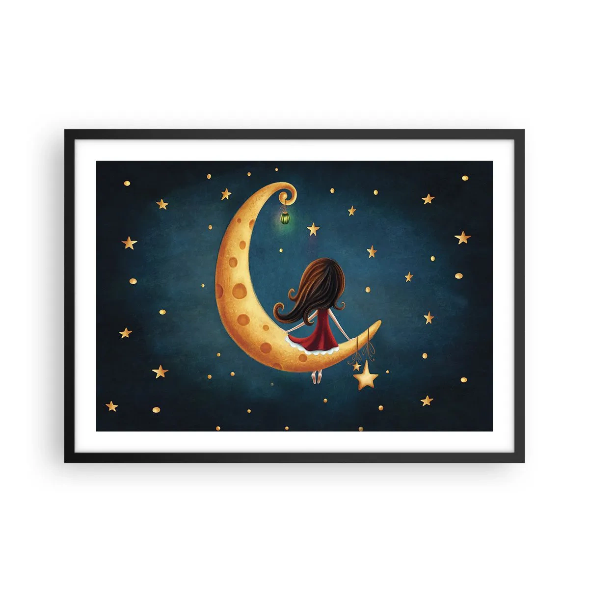 Affiche dans un cadre noir - Poster - Une fille sur la lune entourée d'étoiles - 70x50cm - Il était une fois... - Décoration murale moderne pour le salon et la chambre ARTTOR