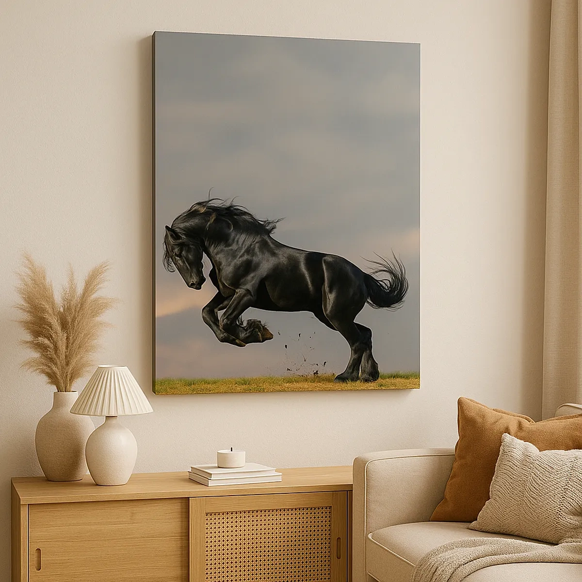 Impression sur toile - Image sur toile - Un cheval noir dans un saut dynamique contre le ciel - 50x70cm - Beau et libre - Décoration murale moderne pour le salon et la chambre ARTTOR