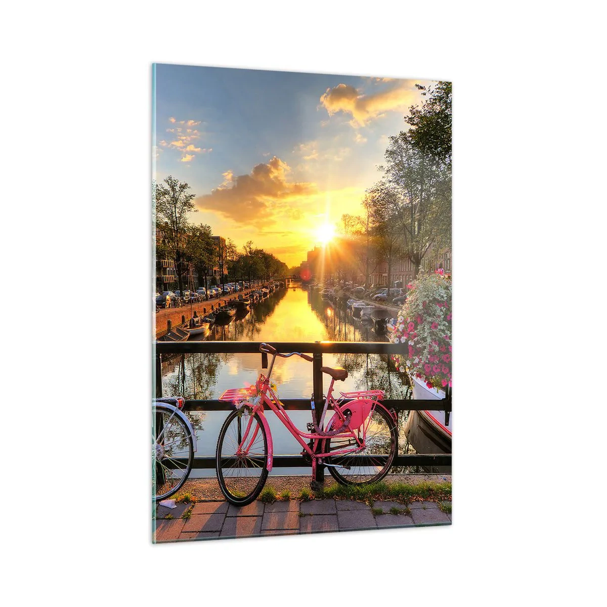 Impression sur verre - Image sur verre - Coucher de soleil sur le canal avec des vélos en arrière-plan - 50x70cm - Matin de printemps à Amsterdam - Décoration murale moderne pour le salon et la chambre ARTTOR