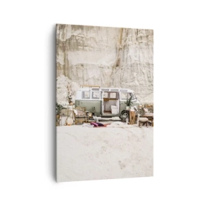 Impression sur toile - Image sur toile - Un camping-car rétro au design bohème sur fond de paysage rocheux. - 70x100cm - Il est temps de commencer le voyage - Décoration murale moderne pour le salon et la chambre ARTTOR