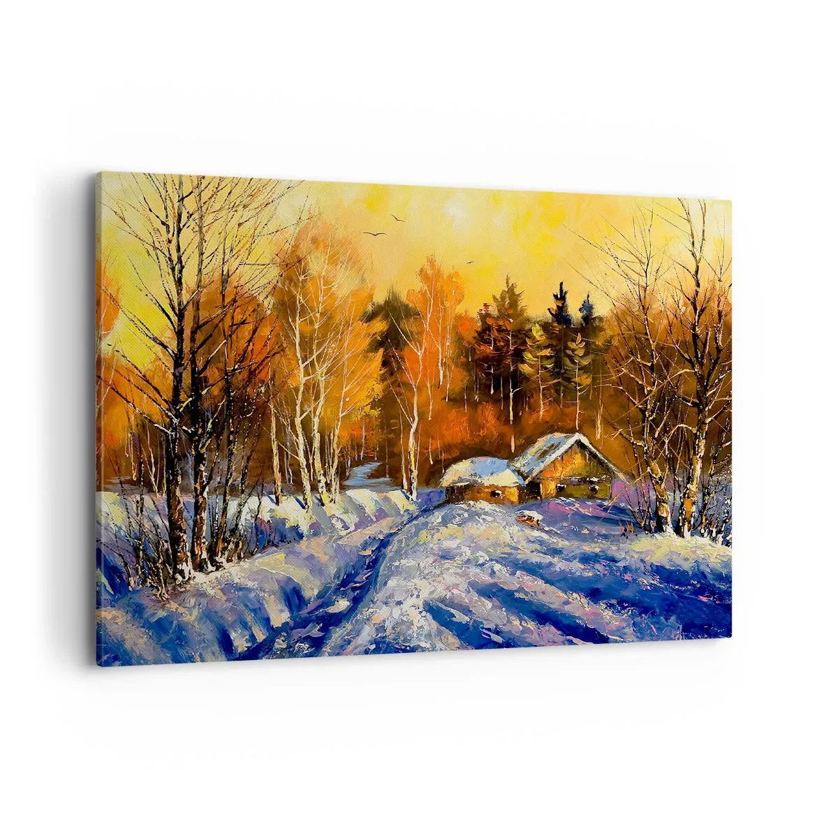 Impression sur toile - Image sur toile - Paysage d'hiver avec une maison à la lumière du soleil couchant - 100x70cm - Impression d'hiver au soleil - Décoration murale moderne pour le salon et la chambre ARTTOR