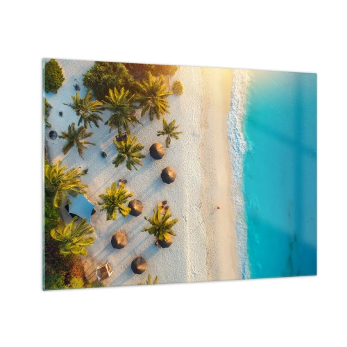 Impression sur verre - Image sur verre - Vue aérienne d'une plage tropicale avec palmiers et parasols - 70x50cm - Bienvenue au paradis - Décoration murale moderne pour le salon et la chambre ARTTOR