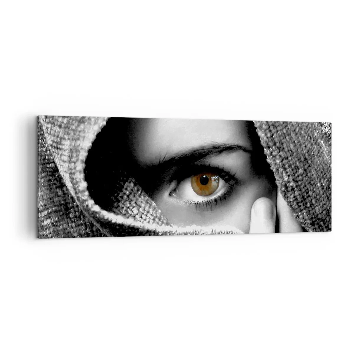 Impression sur toile - Image sur toile - Portrait d'une femme à l'oeil ambré recouvert d'un tissu aux tons gris. - 140x50cm - Apprenez le secret - Décoration murale moderne pour le salon et la chambre ARTTOR