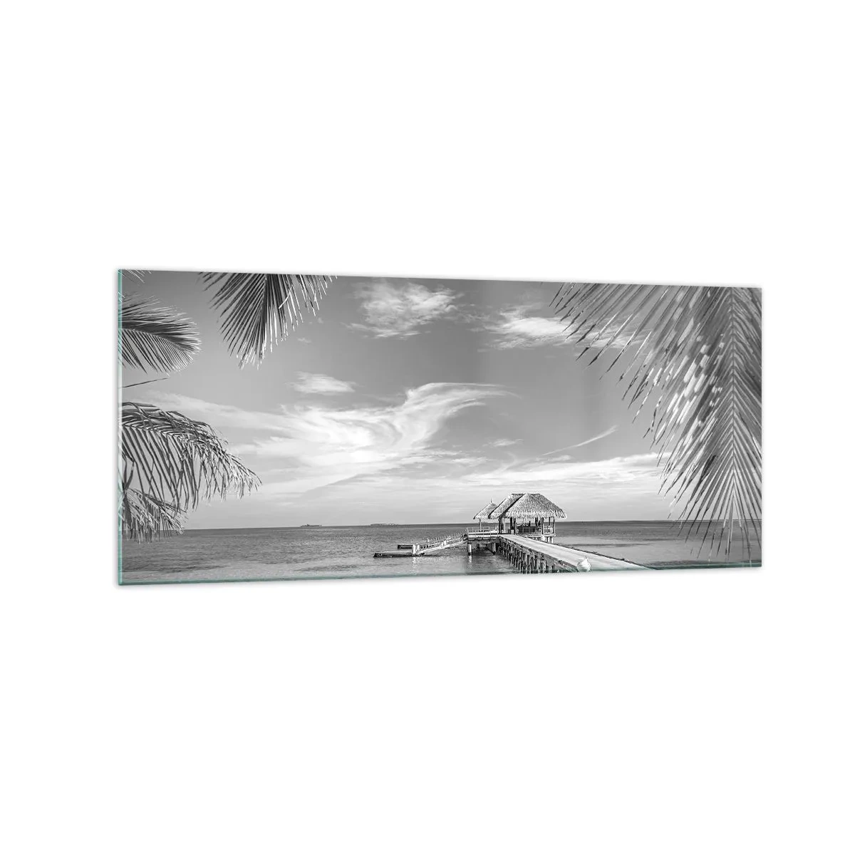 Impression sur verre - Image sur verre - Plage noire et blanche avec jetée et palmiers sur une côte tropicale - 120x50cm - Souvenirs ou rêve? - Décoration murale moderne pour le salon et la chambre ARTTOR